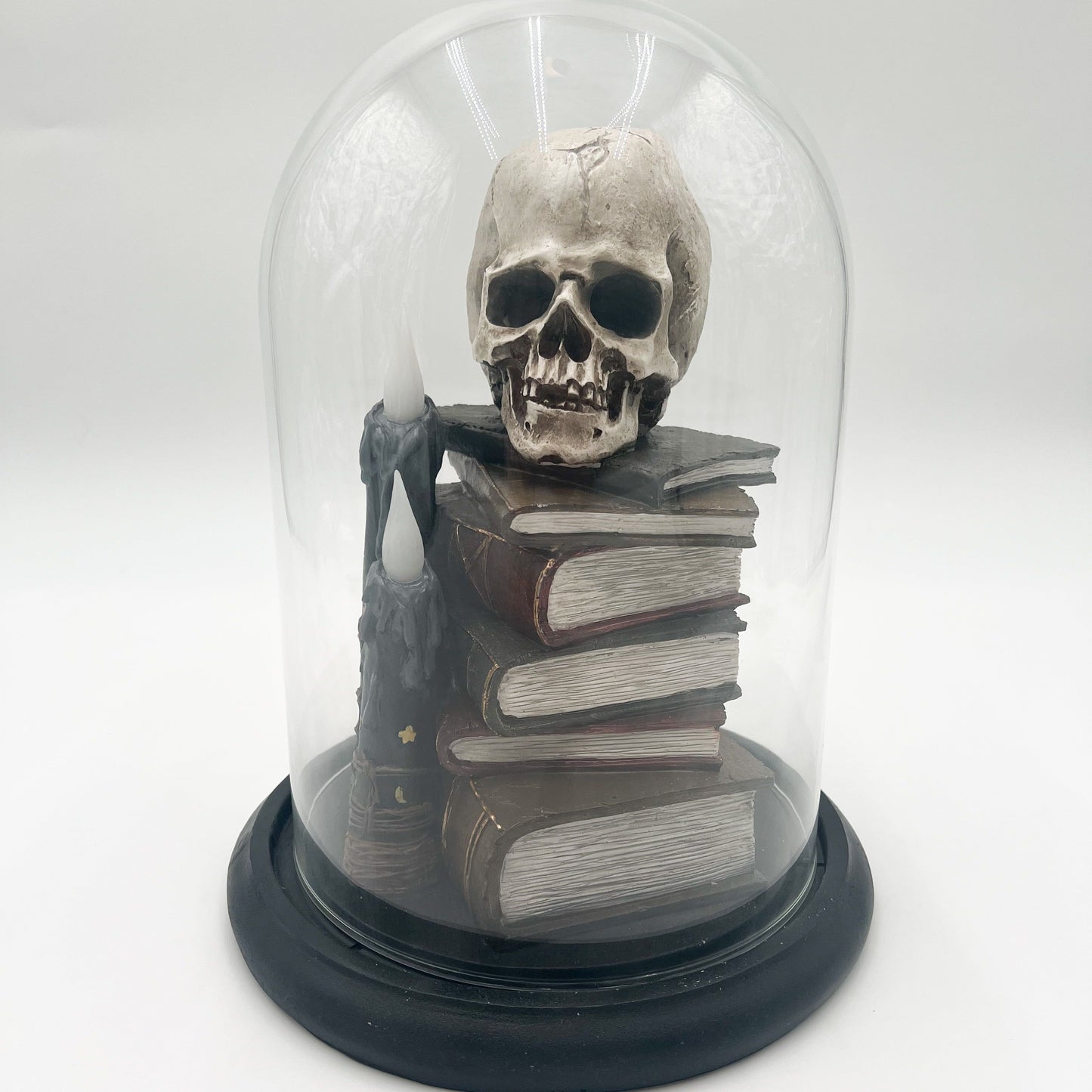 Cloche Skull on Books with LED Candles