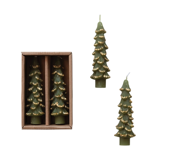 Green & Gold Tipped Tree Shaped Taper Set - two sizes