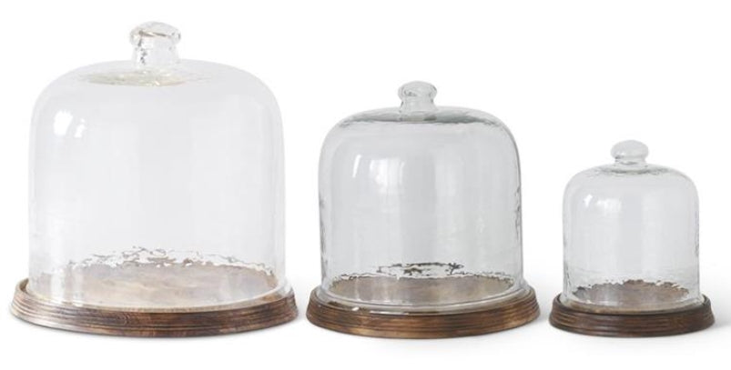 Wavy Glass Cloches with Wood Base - 3 Sizes