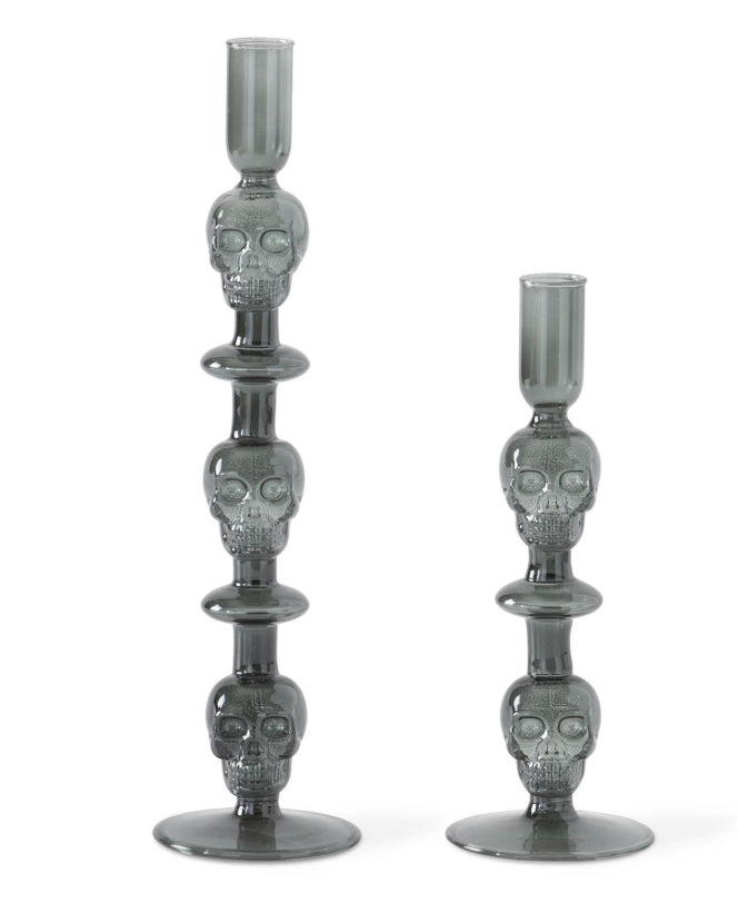 Gray Glass Skull Taper Holders - Set of 2