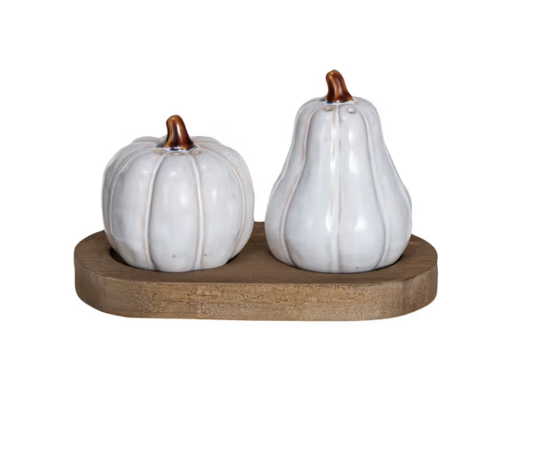 Pumpkin Salt and Pepper Shakers with Wood Tray