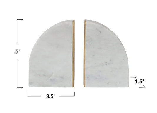 White Marble Bookends with Brass Inlay - Set of 2