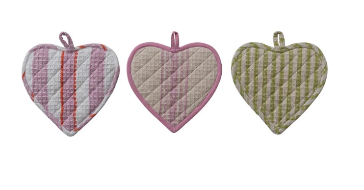 Quilted Waffle Weave Heart Shaped Pot Holders - Set of 3