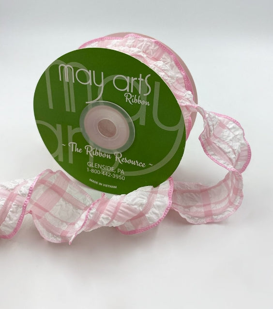 Pink Ruffled Seersucker Tartan Plaid Ribbon - $2.59/per yard