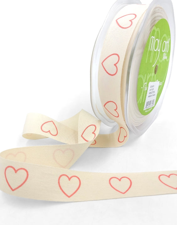 Ivory Canvas with Red Outlined Heart Ribbon - $2.59/per yard