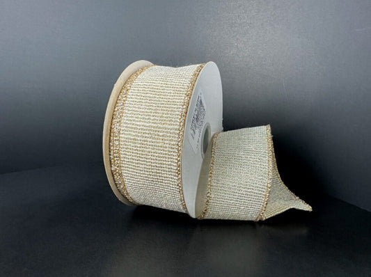 Ribbed Ivory Gold Metallic Linen Ribbon - 2 Widths