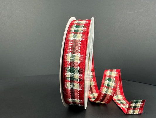 Red Ivory and Hunter Green Plaid Ribbon - 3/8"x10yds.