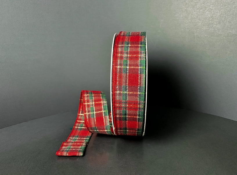 Classic Hunter Green Red and Gold Plaid Ribbon - 7/8"x10yds.