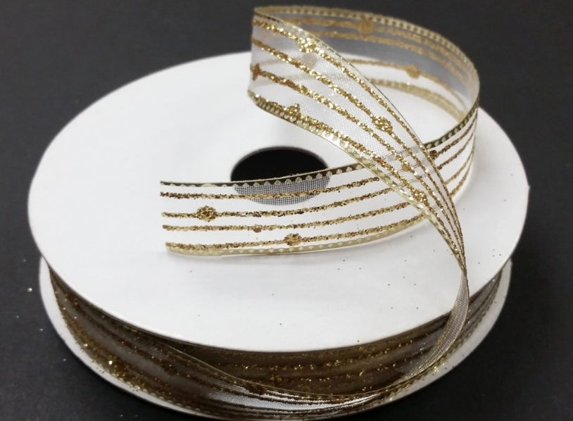 White Sheer with Gold Stripes and Dots Ribbon - 5/8"x50yds.