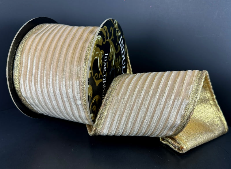 Taupe Velvet Striped Pressed with Gold Back Ribbon - 4"x5yds.