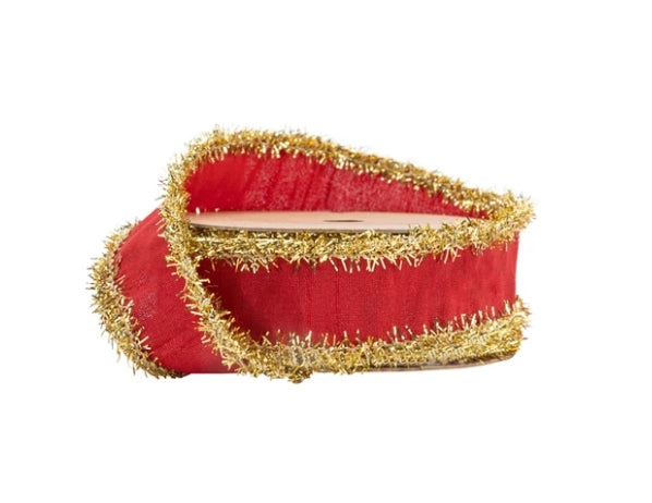 Dupioni Wired Red w/Gold Tinsel Ribbon - 1"