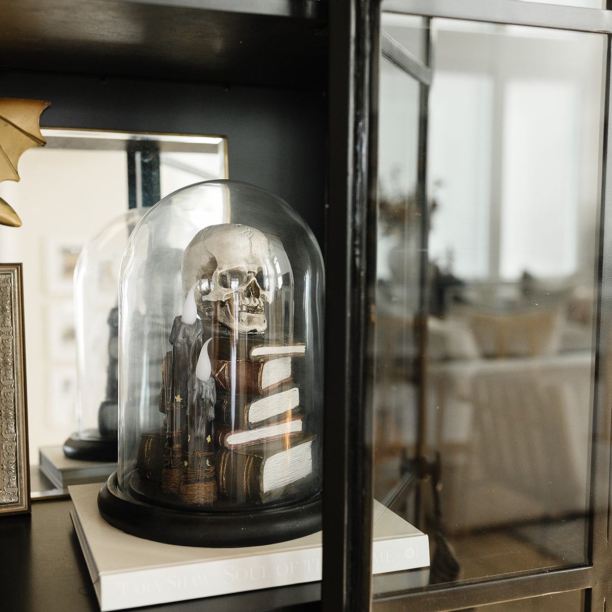 Cloche Skull on Books with LED Candles