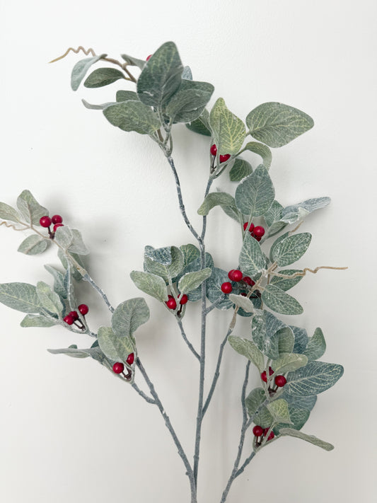 Glittered and Flocked Fittonia Stem w/ Red Berries - 36"