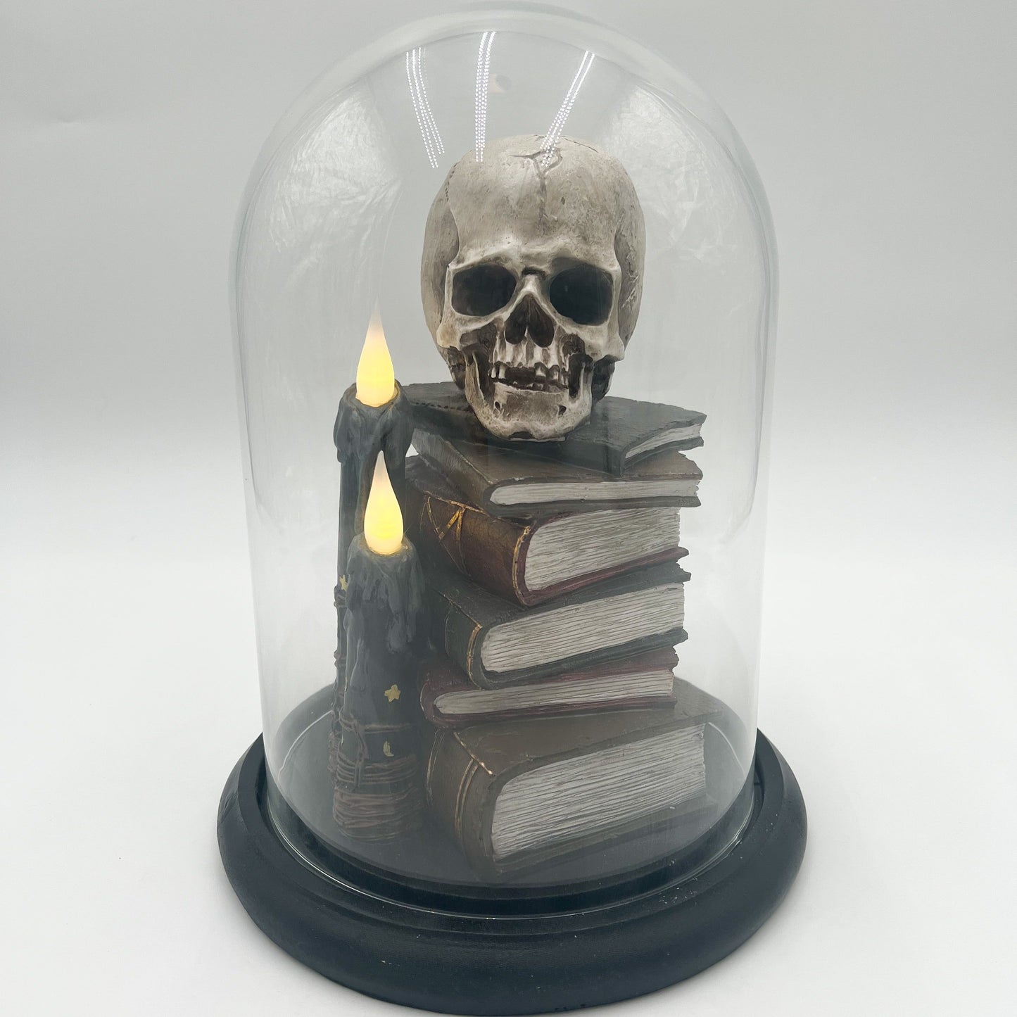 Cloche Skull on Books with LED Candles