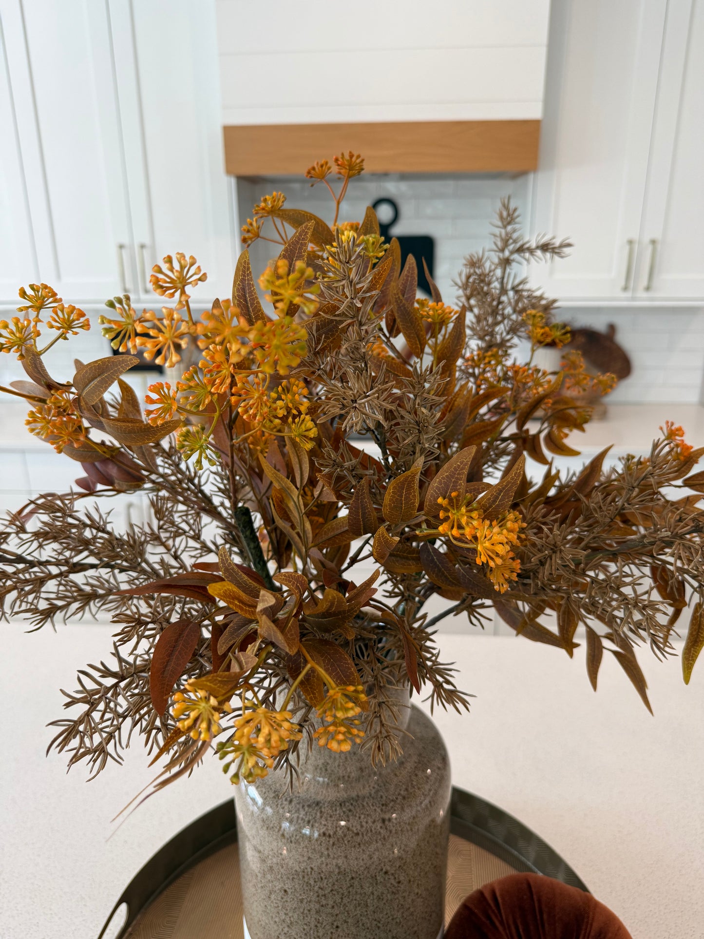 Beige fern spray (3) & Orange laurel stem (3)