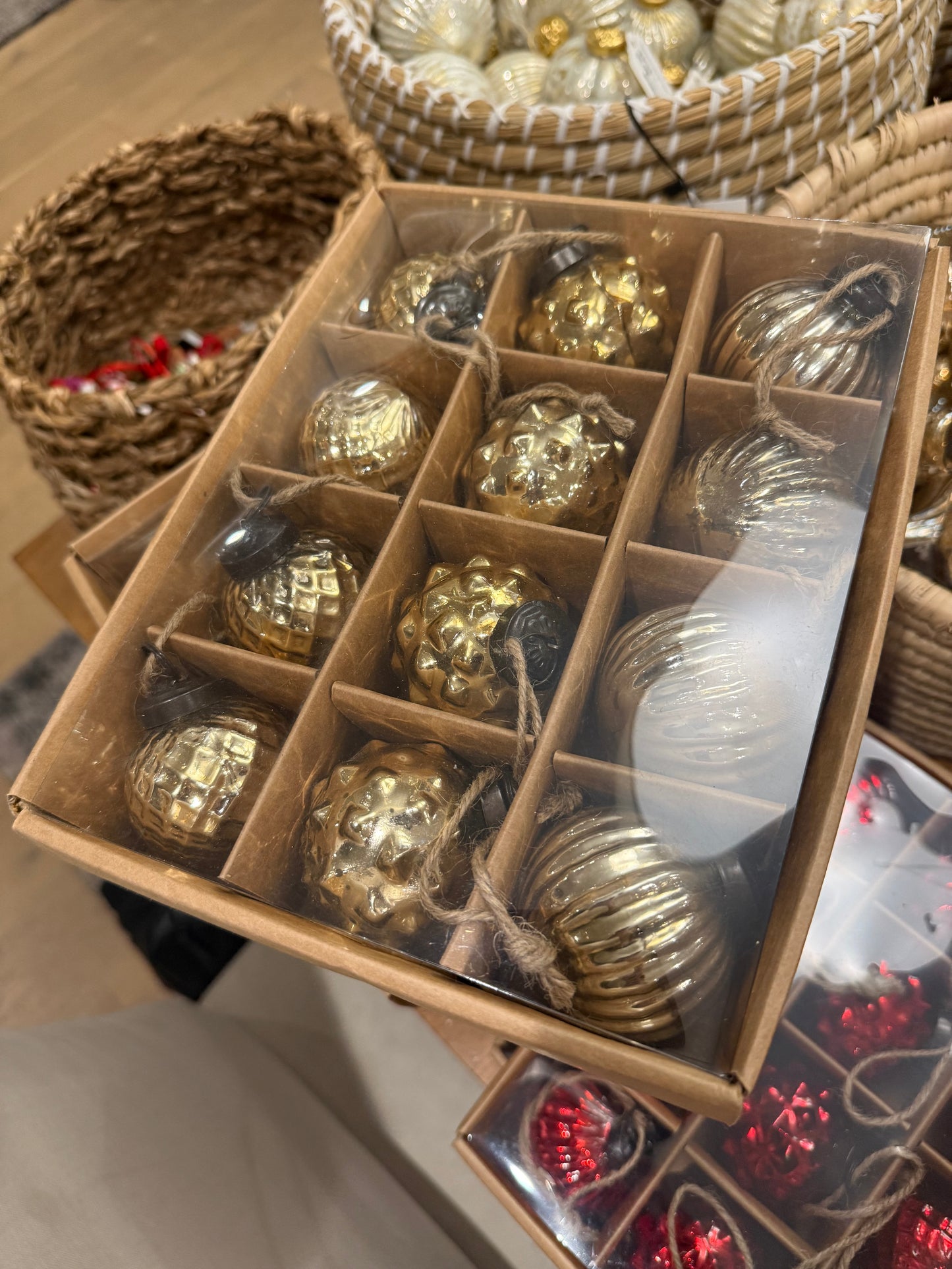 Box of 12 - 3" Mercury Ornaments - Red & gold