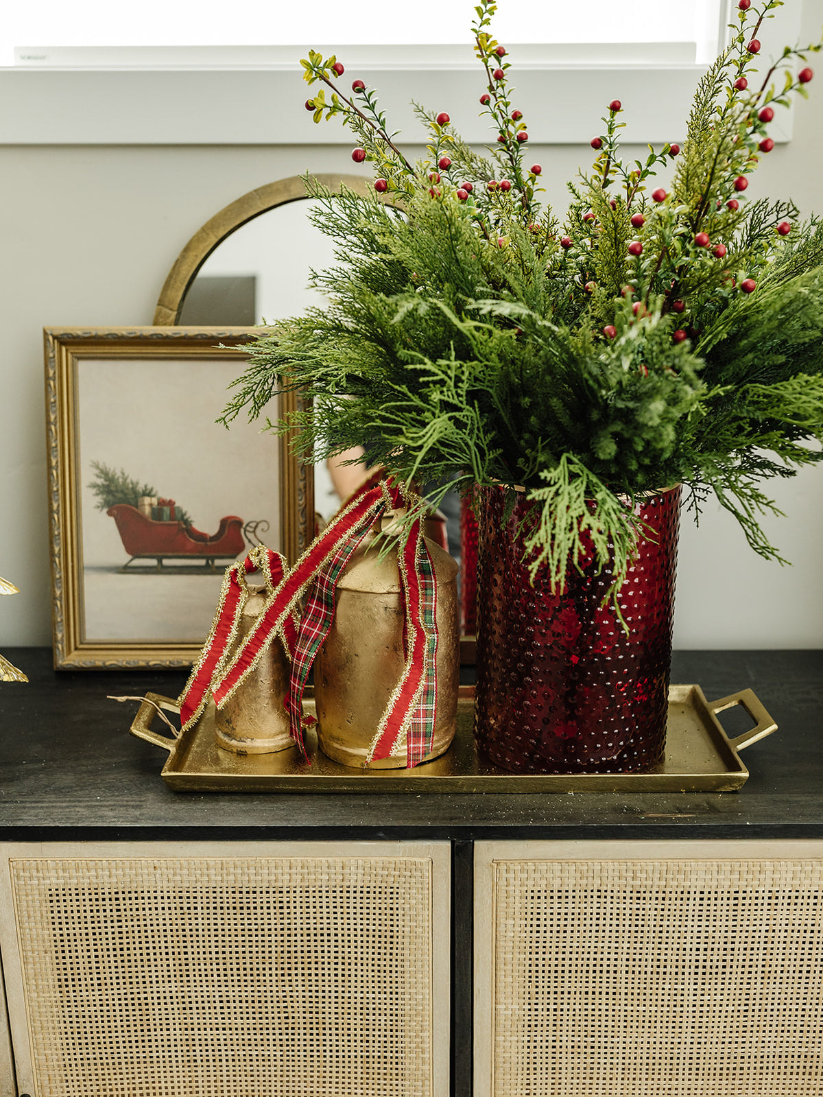 Christmas Tray Look - Vase, 2 Bells, Ribbon, Stems, & Brass Tray