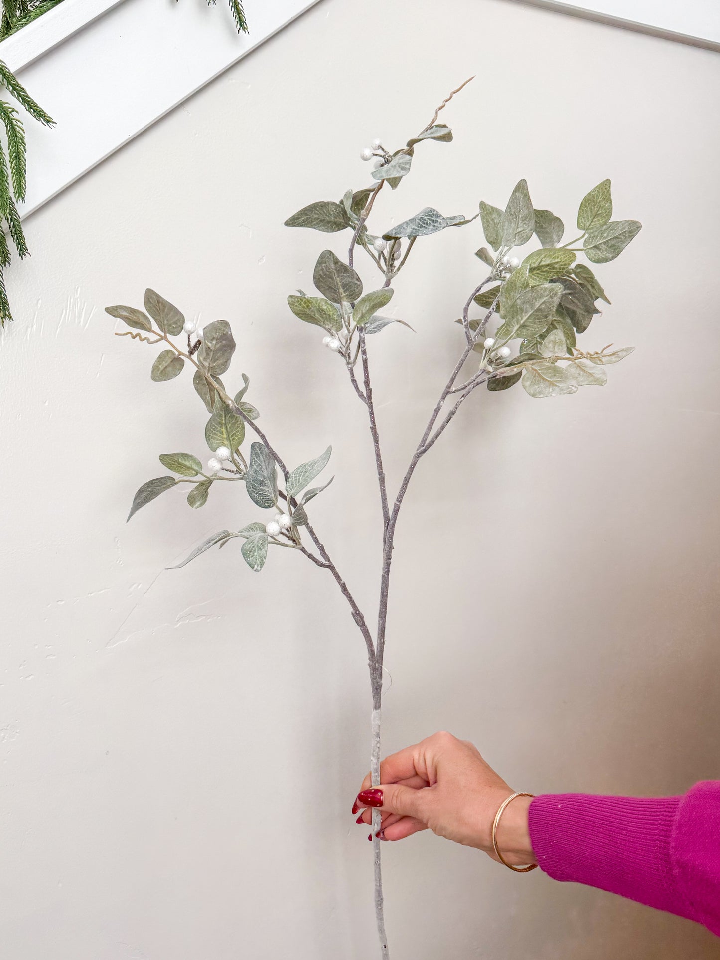 Glittered and Flocked Fittonia Stem White Berries - 36"