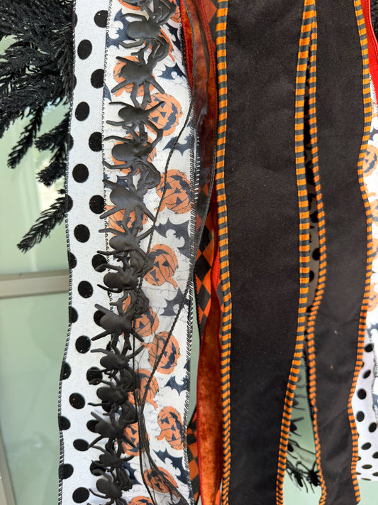 Halloween Spiders & Pumpkins Ribbon Bundle with bow - 33"- 7 Pieces of Ribbon Bundled