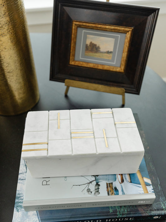 White Marble Box with Brass Inlay