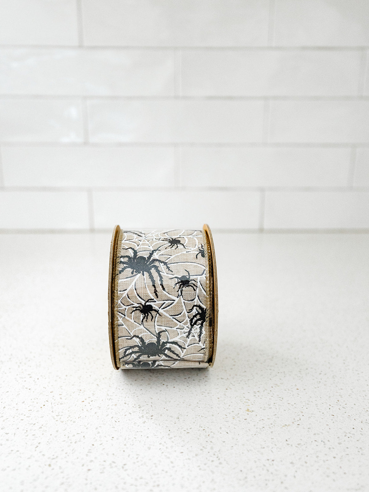 Black Spider on White Web Wired Ribbon - 2.5"