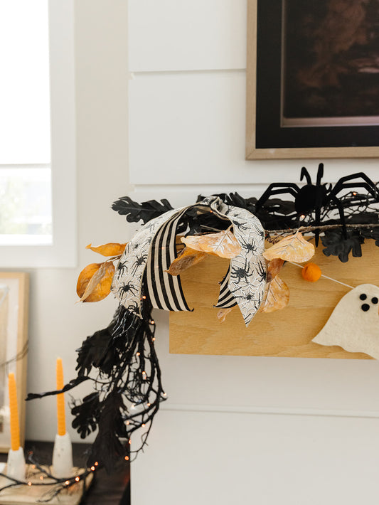 Black Spider on White Web Wired Ribbon - 2.5"