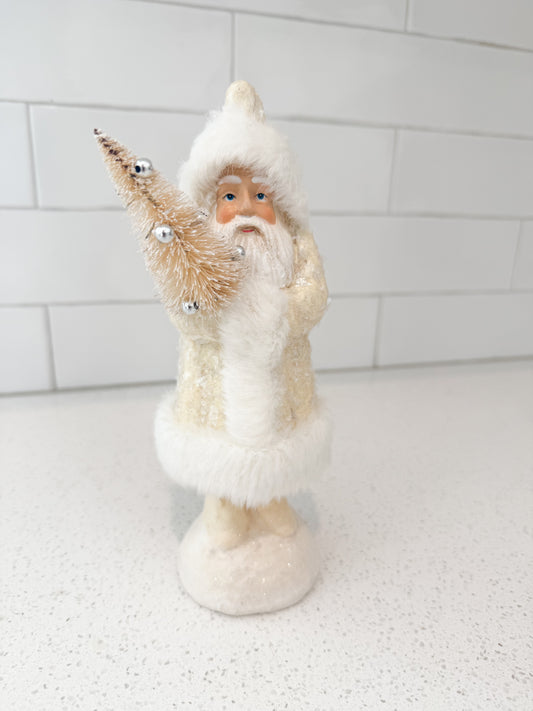 Cream Snowy Fur Trim Santa Holding a Tree - 8.25"