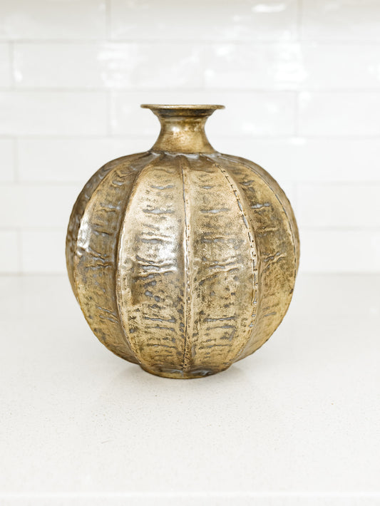 Gold Ribbed Metal Vase - 11"
