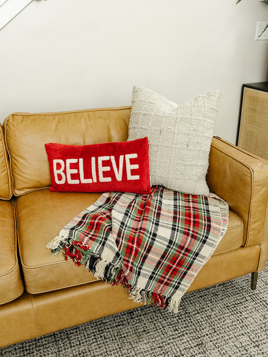 Believe Lumbar Red Pillow