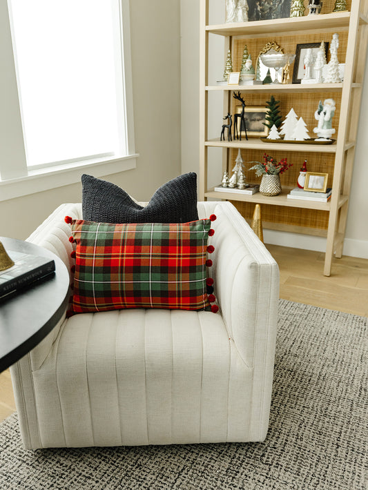 Red and Green Plaid Pillow with Pompoms Pillow