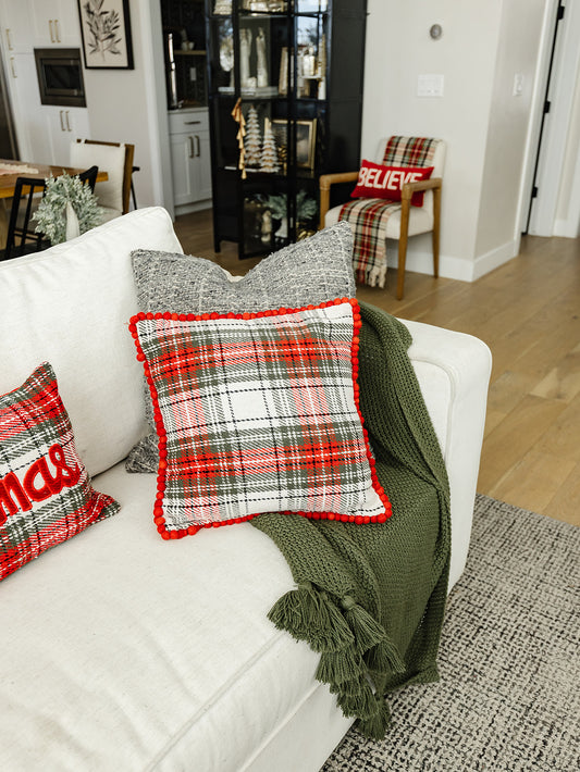 Red and White Plaid Pillow with Pompoms