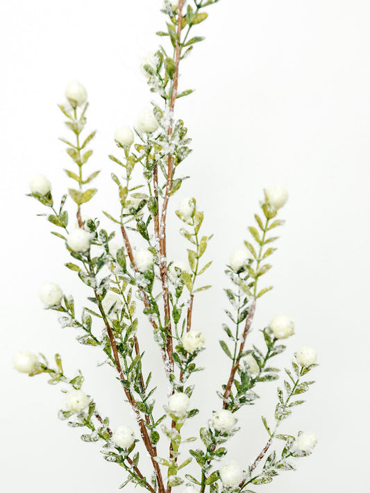 Glittered Snowy Berry Leaf Stem 30" - White
