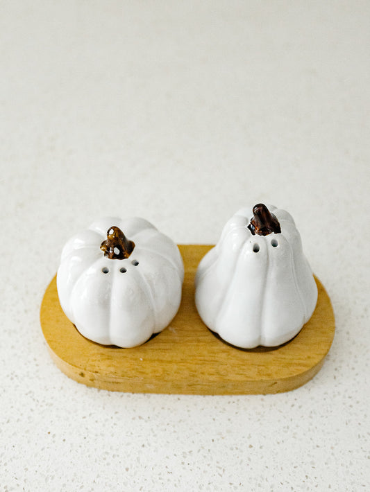 Pumpkin Salt and Pepper Shakers with Wood Tray