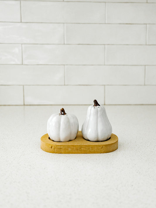 Pumpkin Salt and Pepper Shakers with Wood Tray