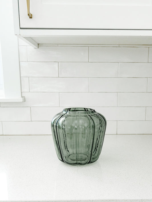 Scalloped Green Line Pressed Glass Vase - 2 Sizes