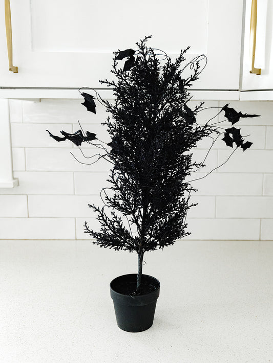 Black with Purple Glitter Pine and Bat Potted Tree - 23"