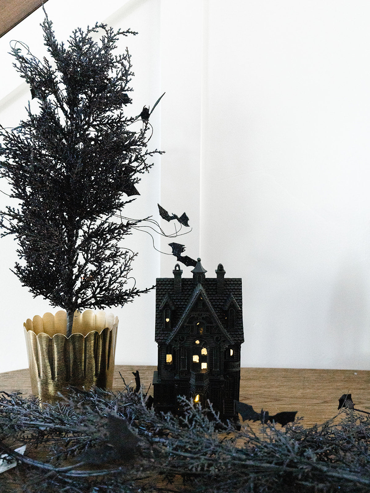 Black with Purple Glitter Pine and Bat Potted Tree - 23"