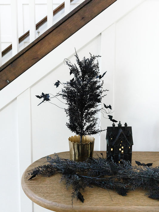 Black with Purple Glitter Pine and Bat Potted Tree - 23"