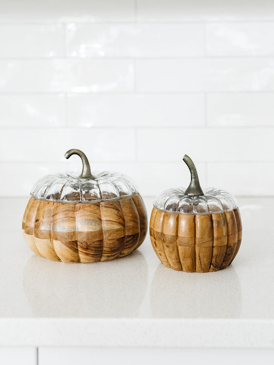 Acacia Wood Pumpkin with Glass Lid - 2 Sizes