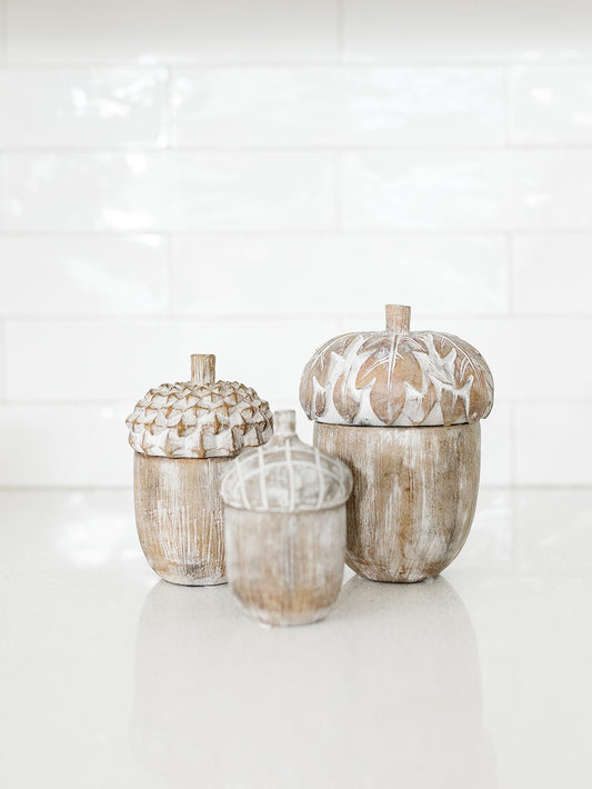 Whitewashed Acorn Lidded Container - 3 Sizes/Styles