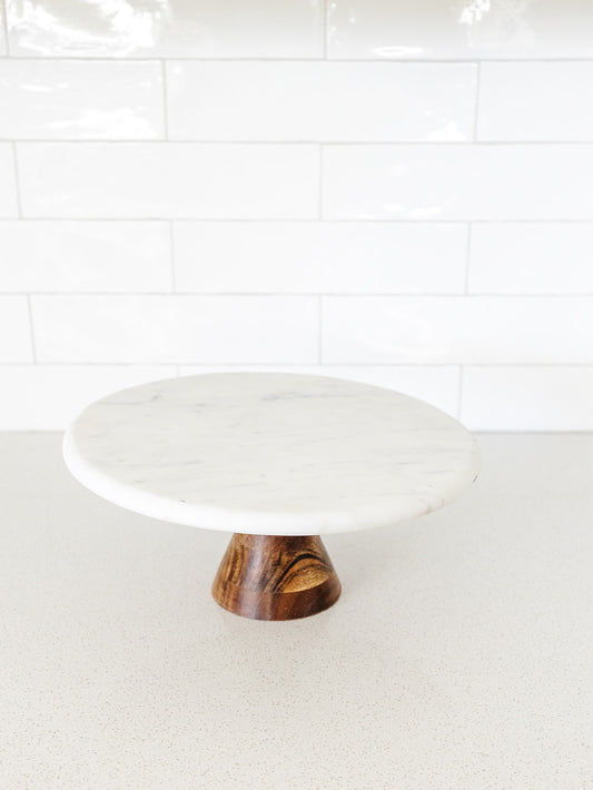 Marble Pedestal with Acacia Wood Base