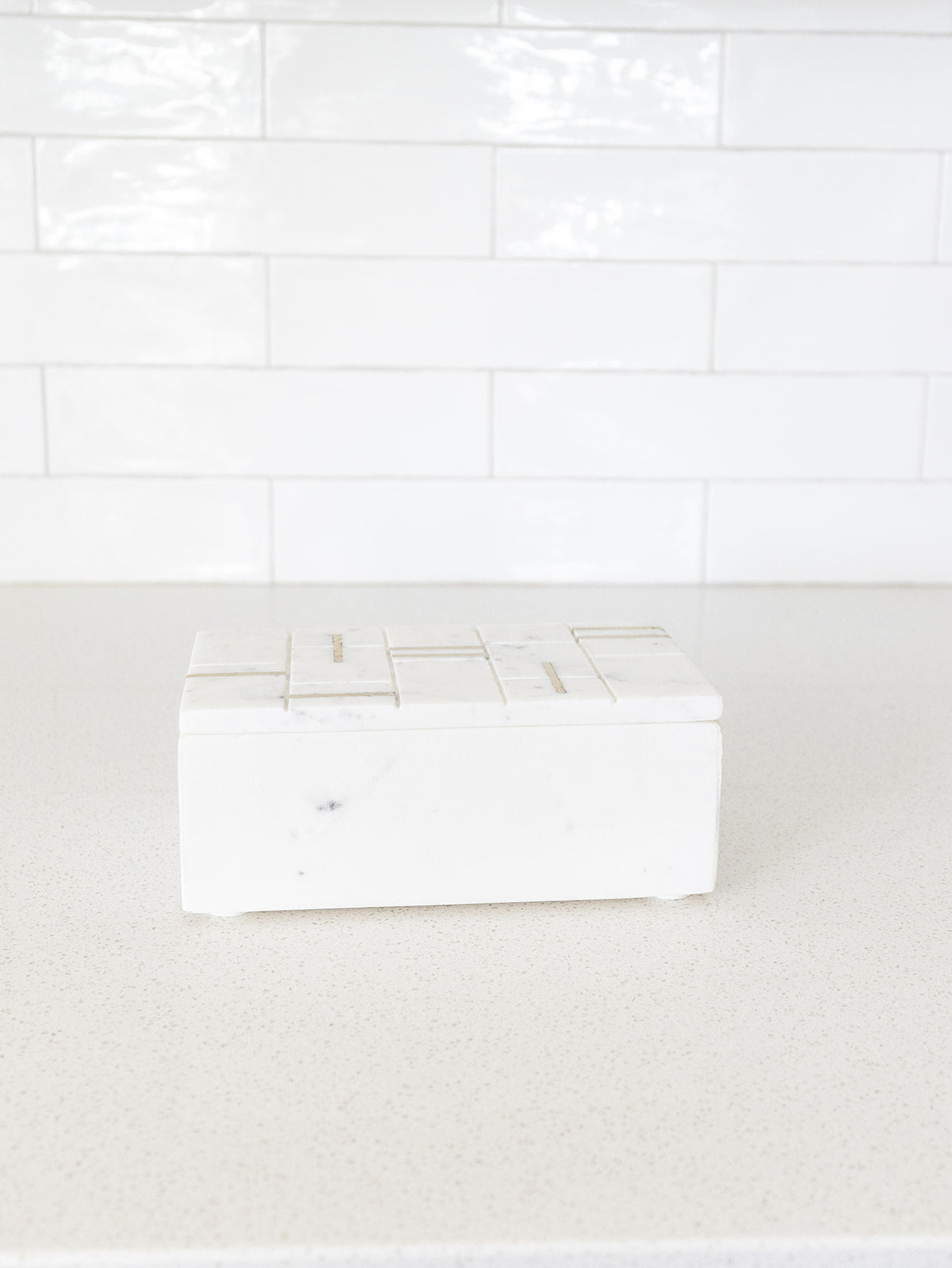 White Marble Box with Brass Inlay