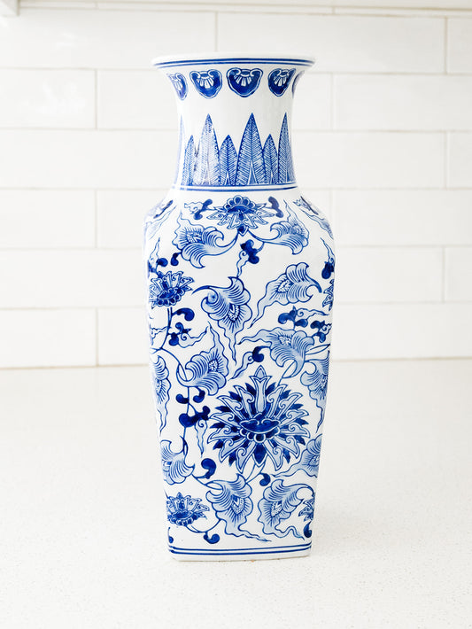 Blue and White Chinoiserie Square Vase