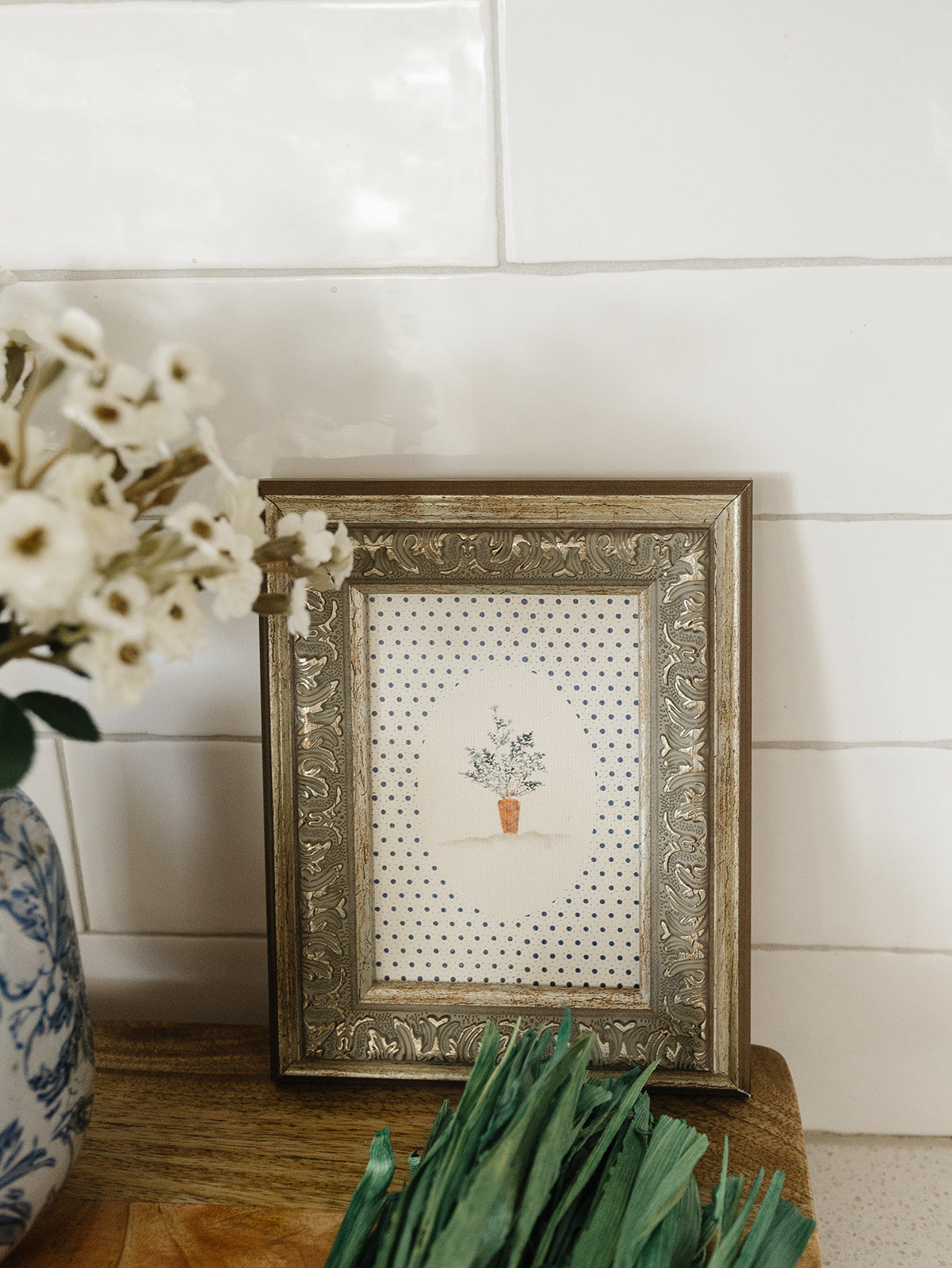 Spring's Carrot with Blue Dot Background Framed Art- 2 Sizes