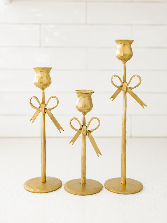 Bow Tied Antique Gold Taper Holders - Set of 3
