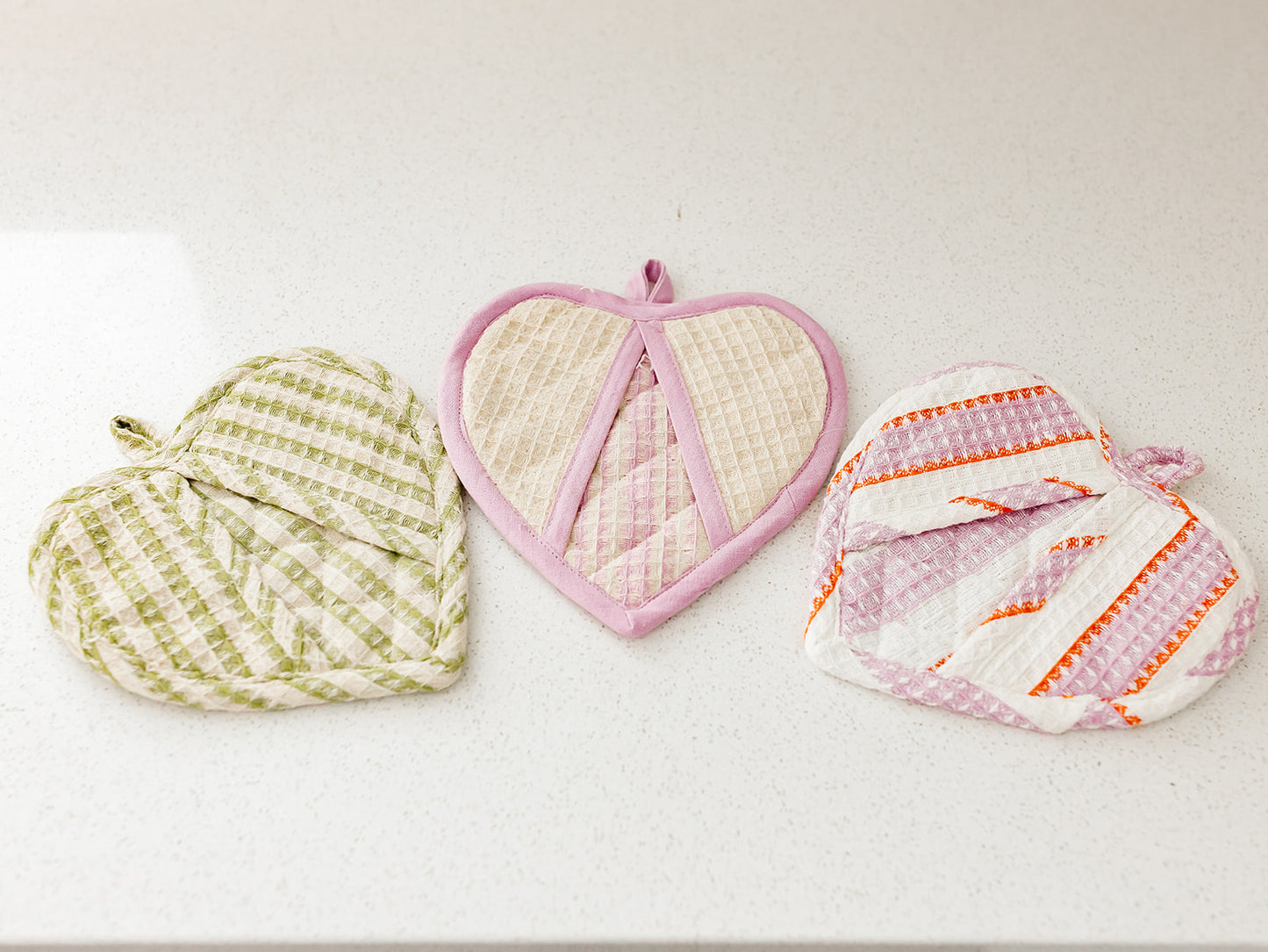 Quilted Waffle Weave Heart Shaped Pot Holders - Set of 3