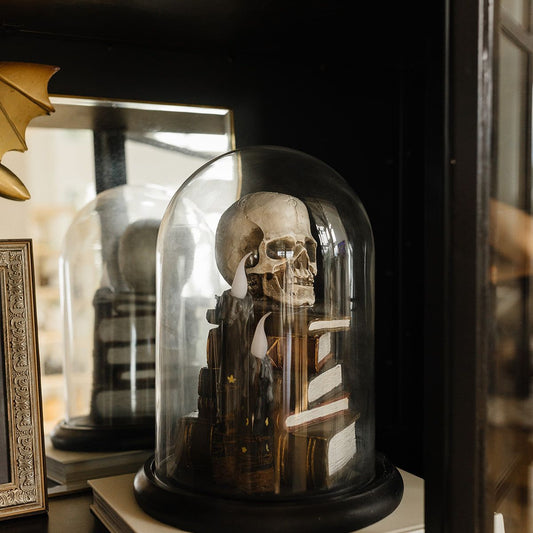 Cloche Skull on Books with LED Candles