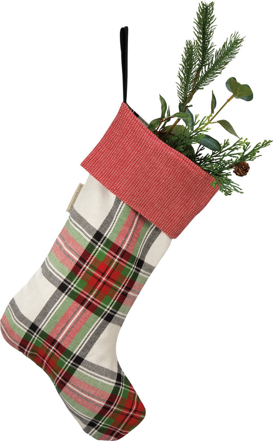 Cream Plaid Christmas Stocking - 11"x18"