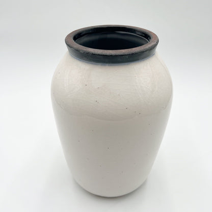 White Crackled Black Rimmed Vase - Medium