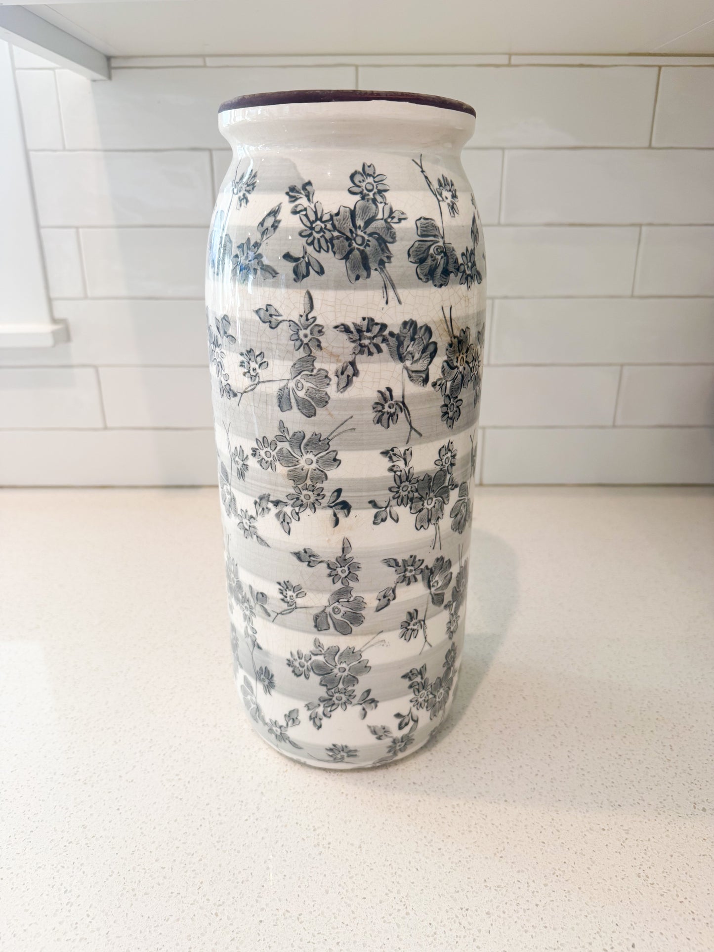 Gray Floral Crackle Vase - 14.5"X5.5"